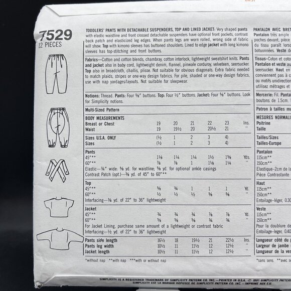 Simplicity 7529 “Pants w/ Suspenders, Top & Jacket”(Size 1/2-4) Sewing Pattern - Picture 3 of 5